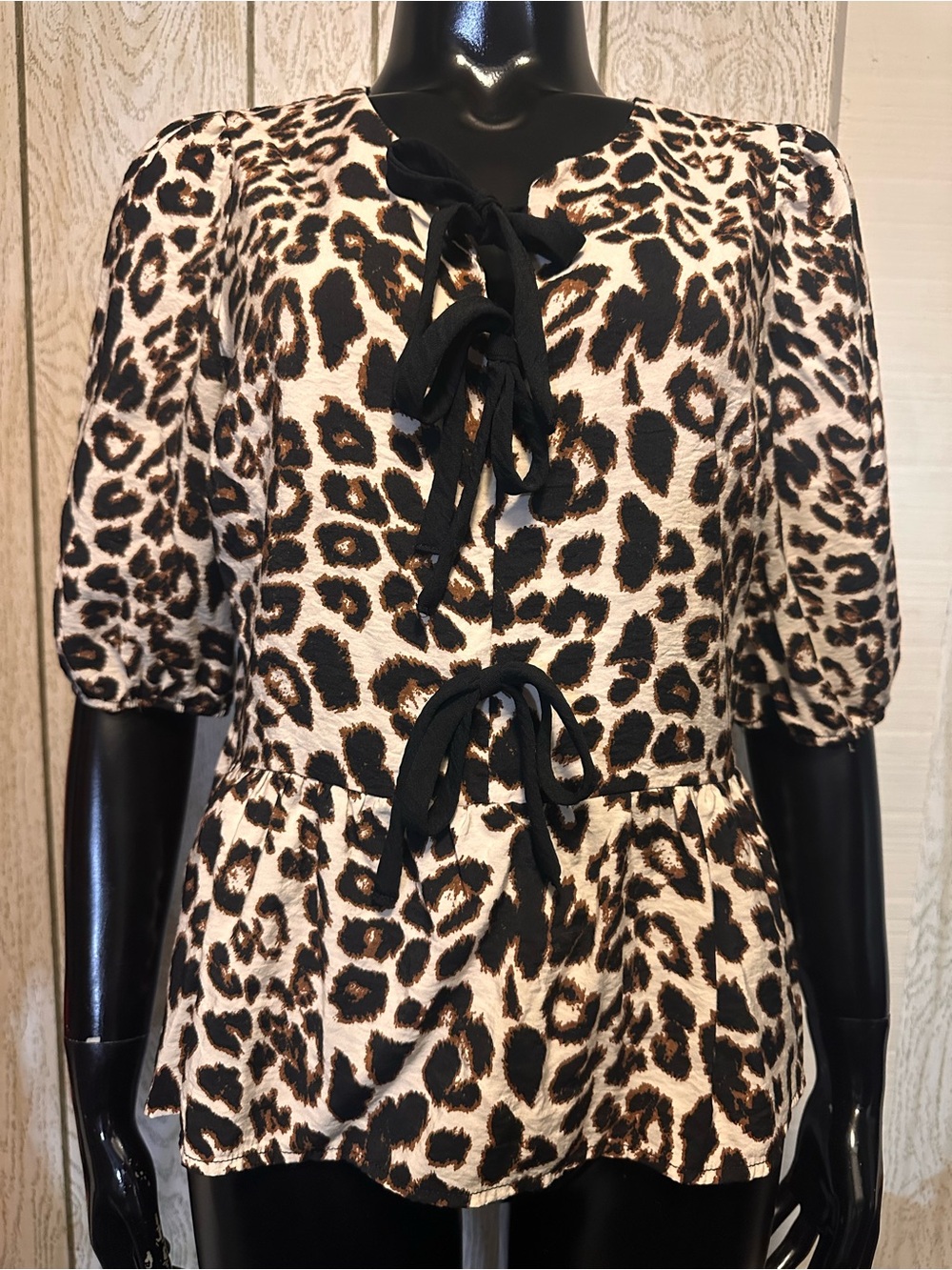 Leopard Print Tie-Front Peplum Top - Black & Tan